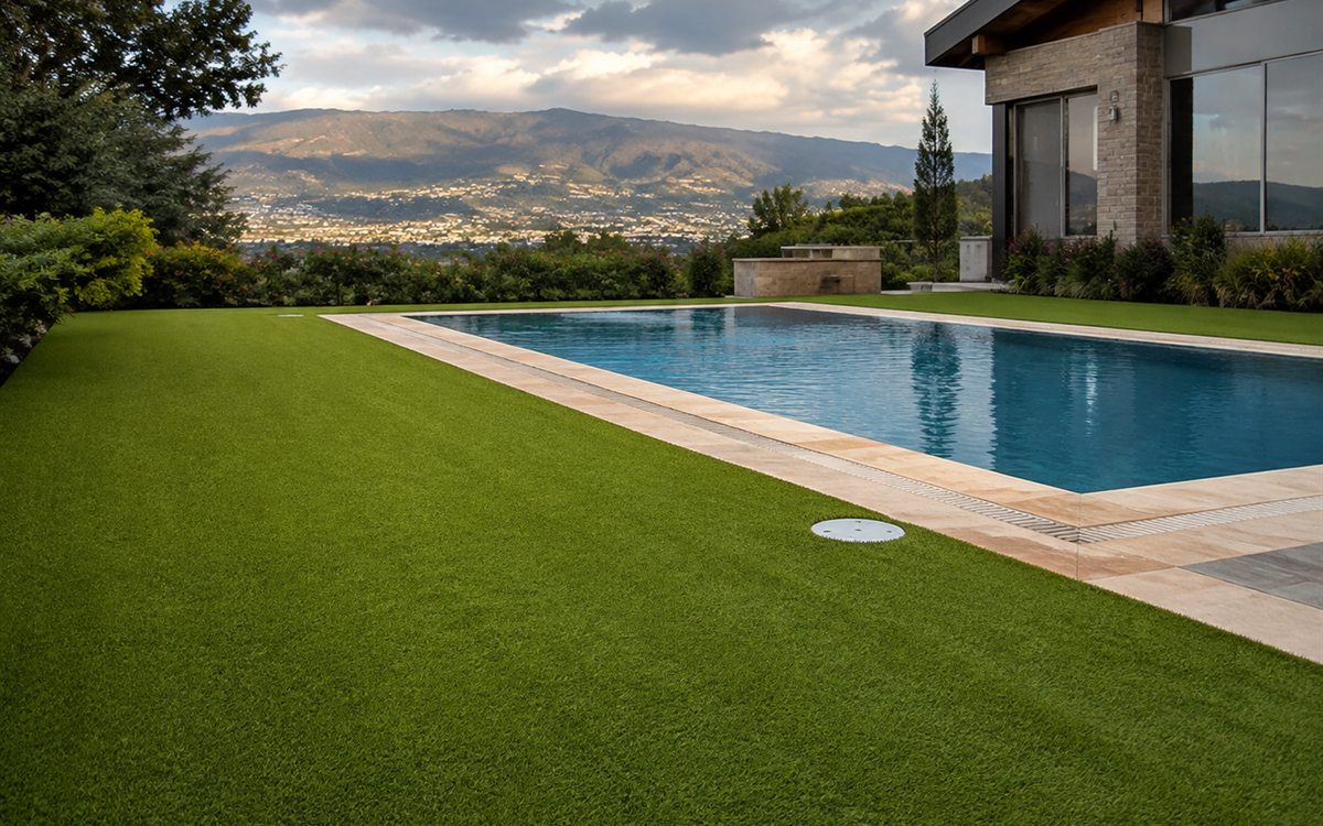 Área de piscina rodeada de césped sintético en Quito