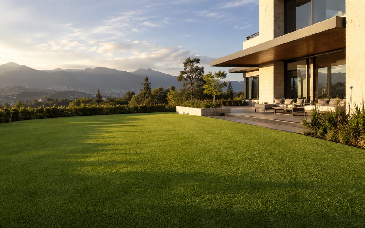 Terraza de vivienda con césped sintético y vista a los valles de Quito